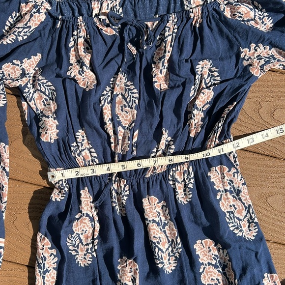 Boho cute navy/tan off shoulder tie front mini dress SZ M - Picture 6 of 10
